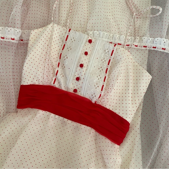 ILGWU Union Made Vintage Red Polka Dot w Eyelet Trim Ruffled Prom Dress - Picture 10 of 16